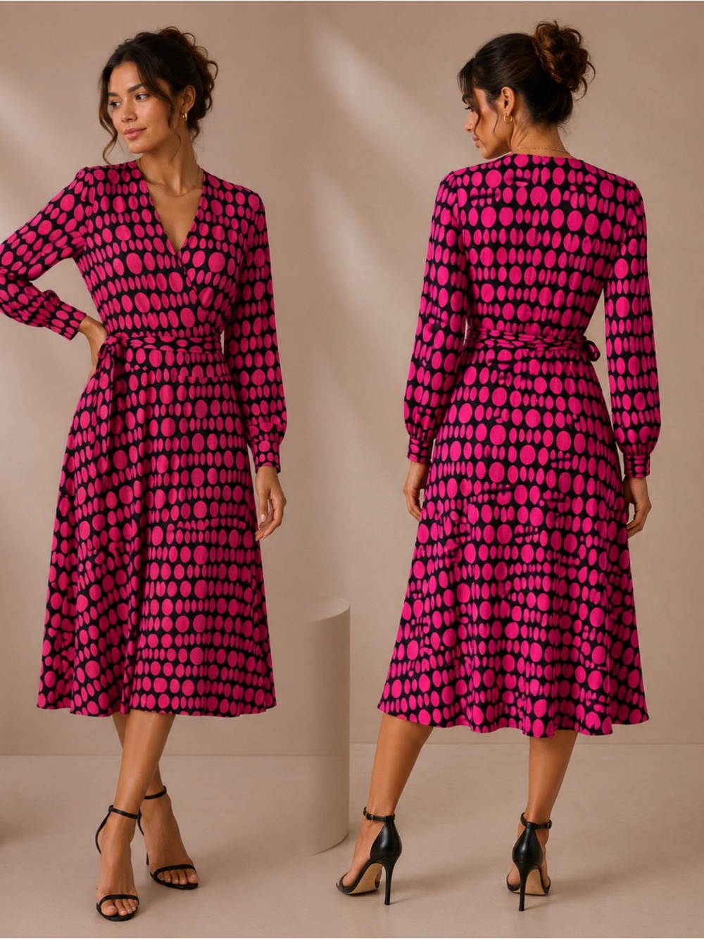 Apt. 9 Fuchsia and Black Polka Dot Wrap Midi Dress